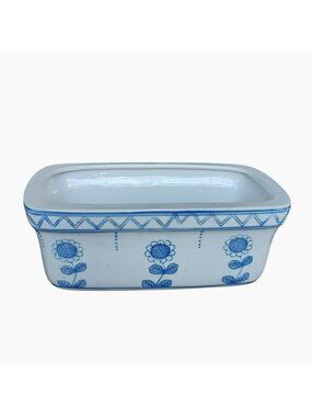 Vintage Pier 1 Blue & White Sunflower Ceramic Planter 11" Chinoiserie Trough Pot